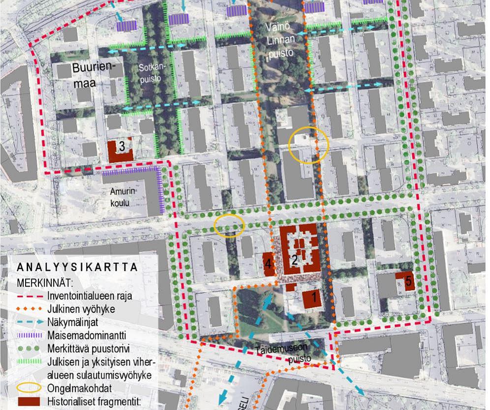 Inventoinnin yhteydessä laadittu analyysikartta Amurin alueen erilaisista kaupunkitilallisista vyöhykkeistä.